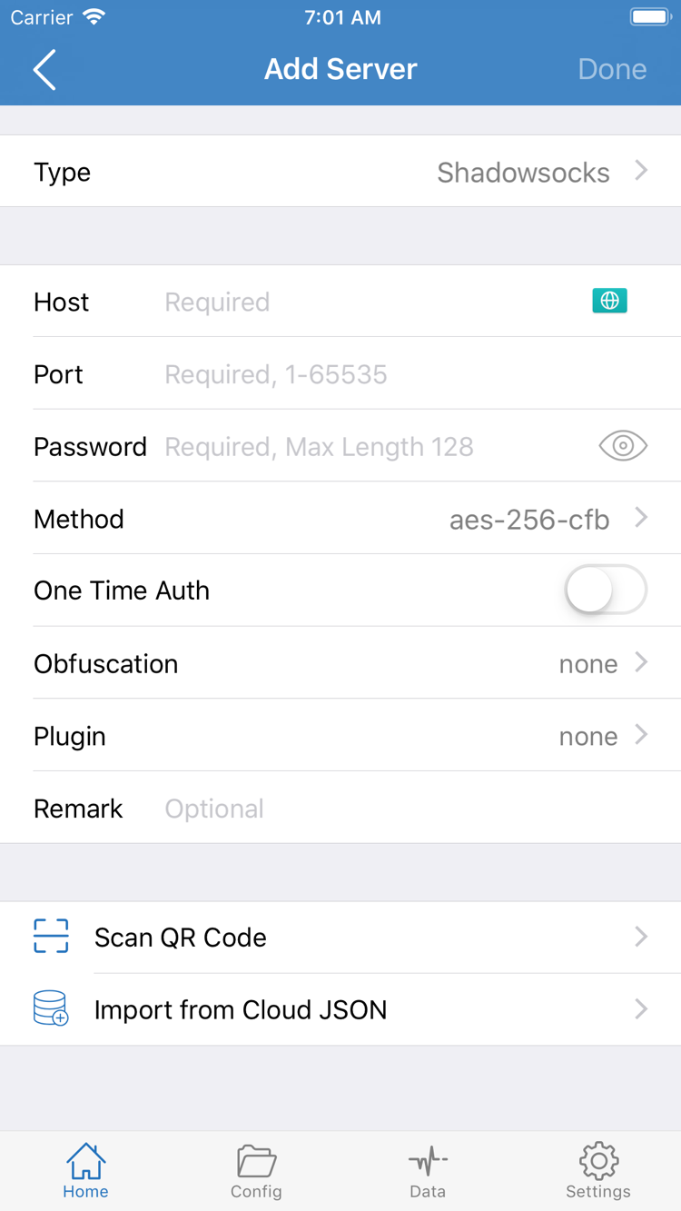 Official Shadowrocket Add Server page showing Type, Host, Port, Password, Method, and options such as Scan QR Code