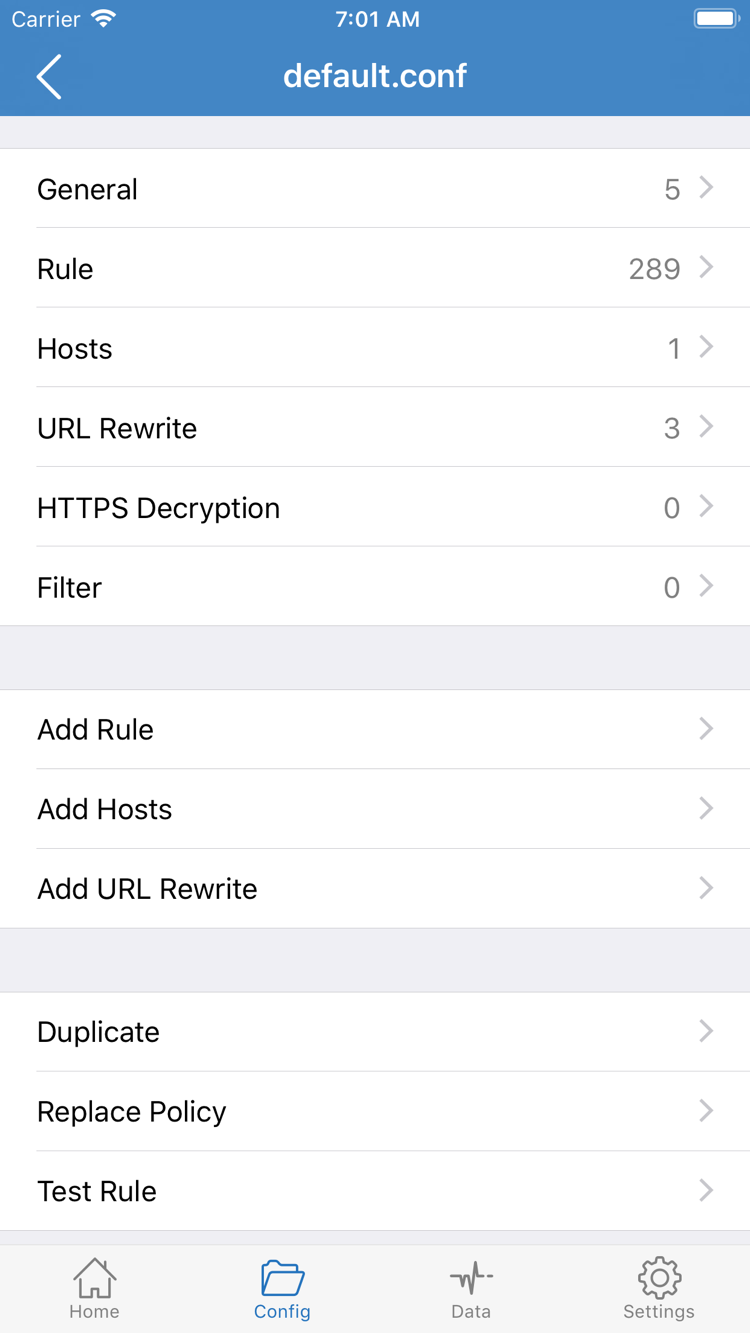 Official Shadowrocket Config editor page showing General, Rule, Hosts, URL Rewrite, HTTPS Decryption, and Add Rule