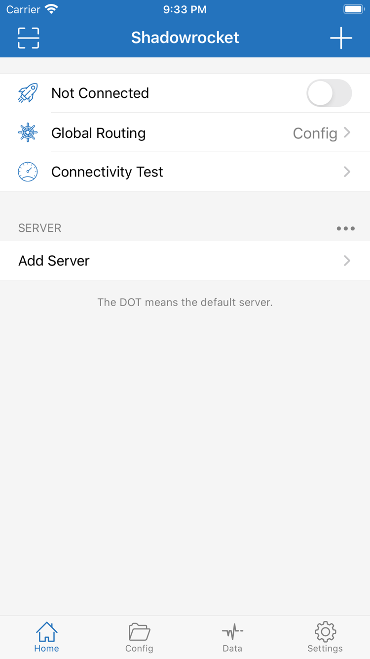 Official Shadowrocket Home page showing Not Connected, Global Routing, Connectivity Test, the SERVER group, and Add Server
